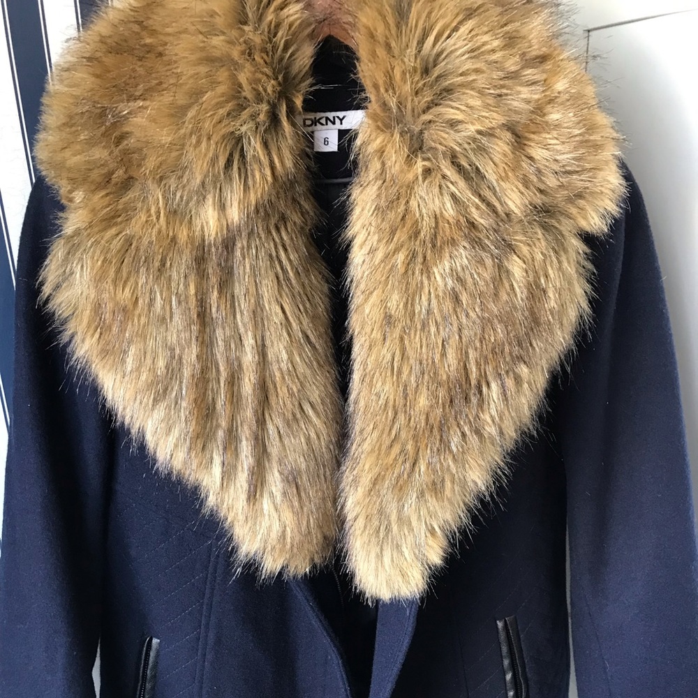 DKNY Navy Wool Fur Collar Wool Peacoat